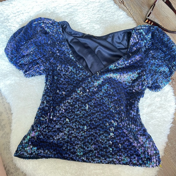 Emily Shalant  Sequin V Neck Top Lined Blue ( 34”Bust x 19”Long) Party Prom - Picture 9 of 9